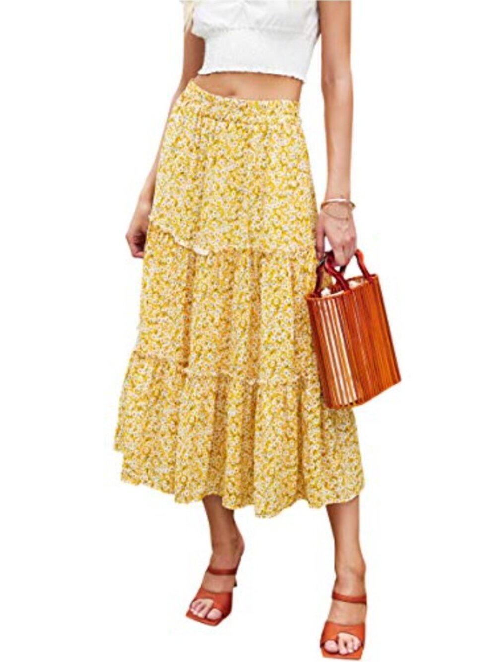 Floral Midi Skirt High Waist A-Line Swing Elastic Cotton Blend